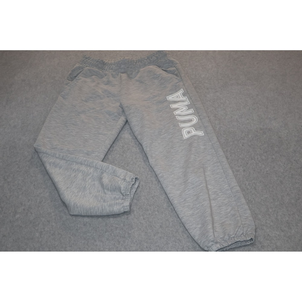 Puma Sweatpants Womens Small Gray Graphic Logo Joggers Pockets Gym Workout